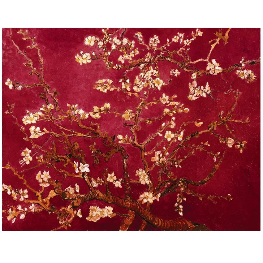 Fresque Fleurs d'Amandier — Fond Rouge style Van Gogh