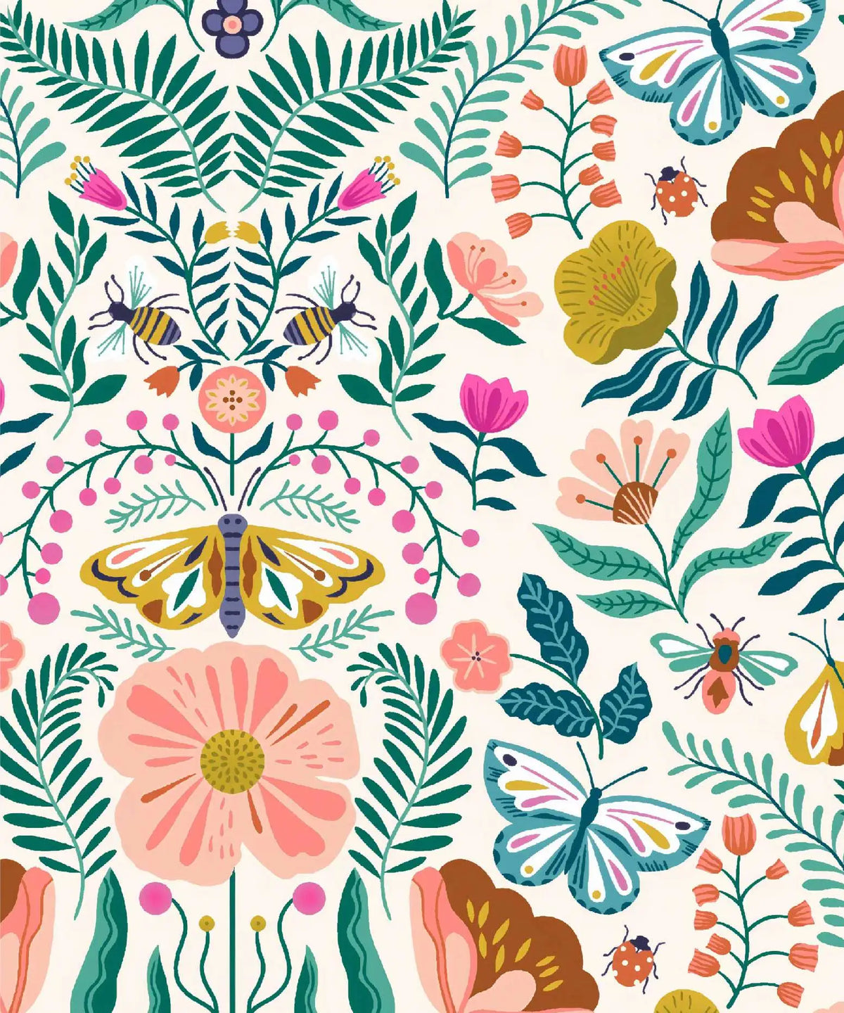 Papier Peint Jardin Folk — Fleurs, Abeilles et Papillons