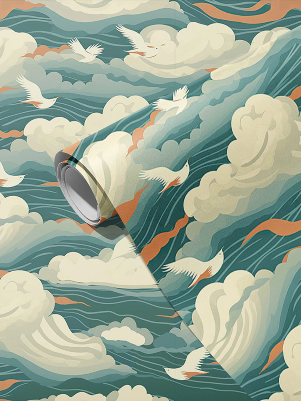Fresque Vagues Stylisées et Oiseaux — Papier Peint Panoramique