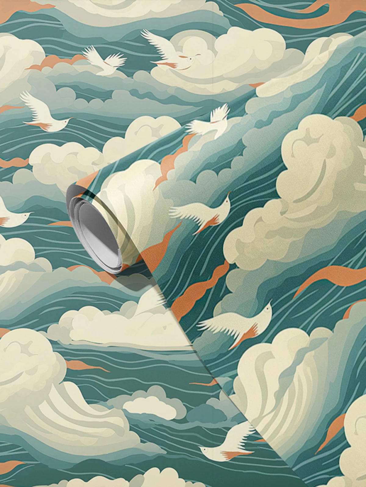 Fresque Vagues Stylisées et Oiseaux — Papier Peint Panoramique