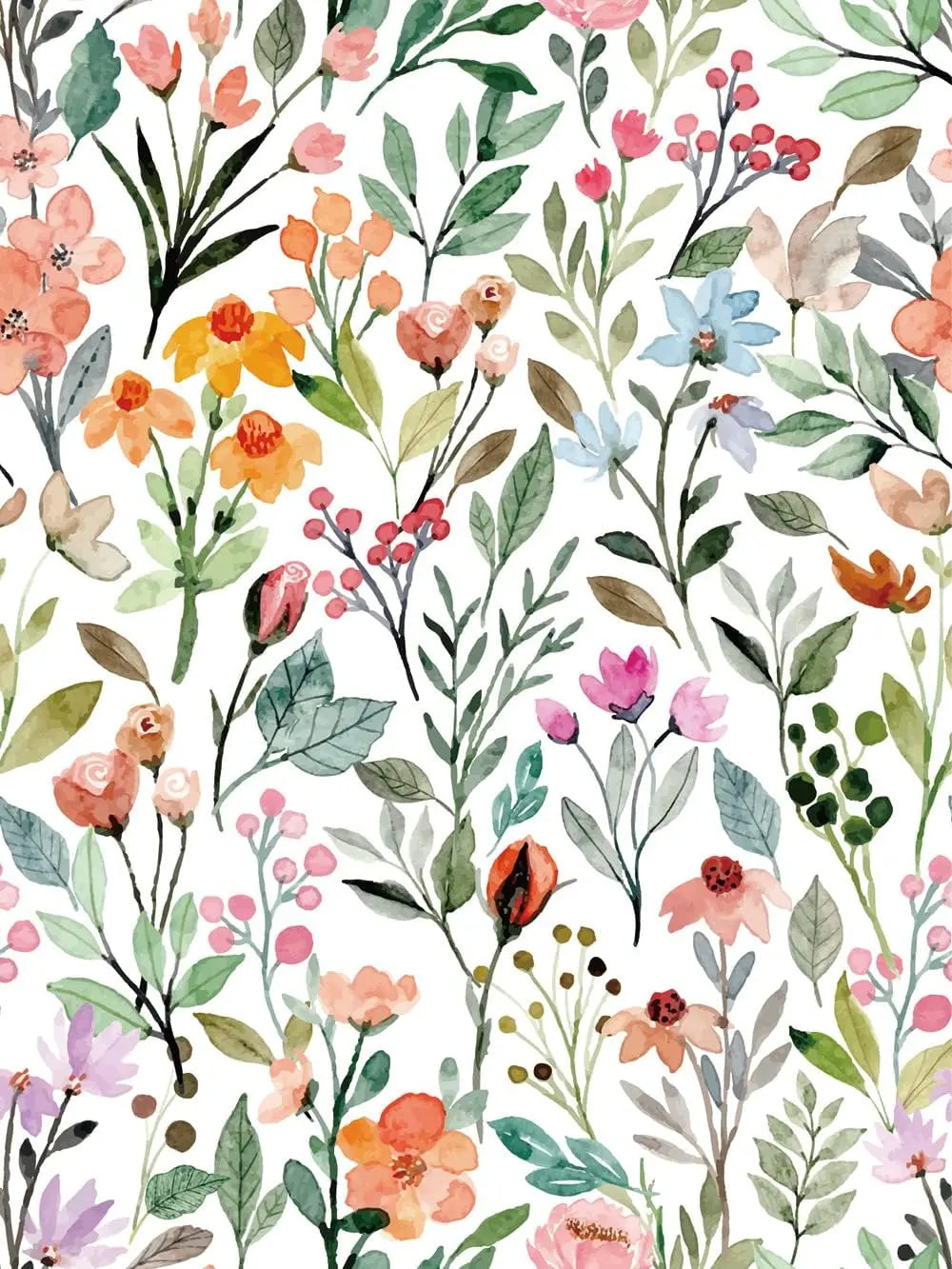 Papier Peint Fleurs Aquarelle Corail — Bouquet Champêtre