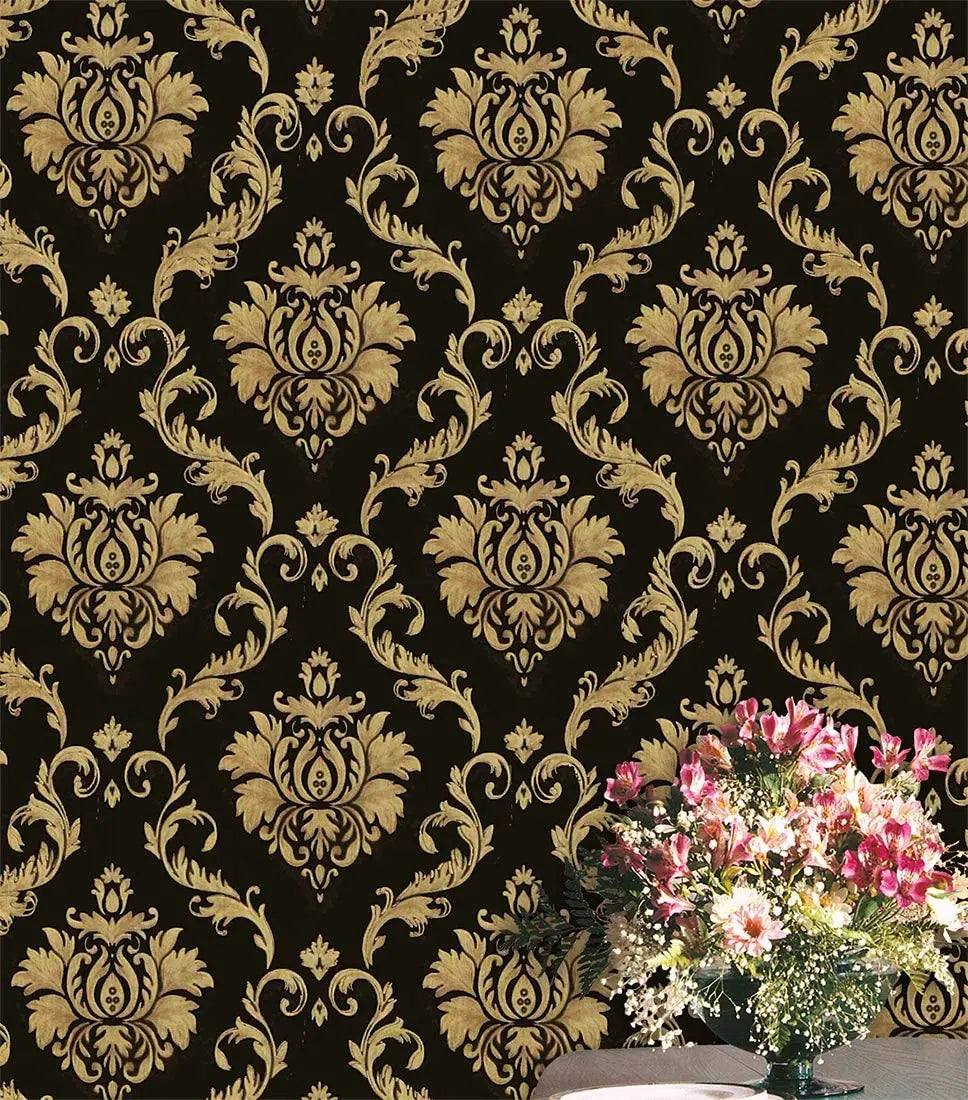Papier Peint Damassé Noir et Or — Baroque Chic