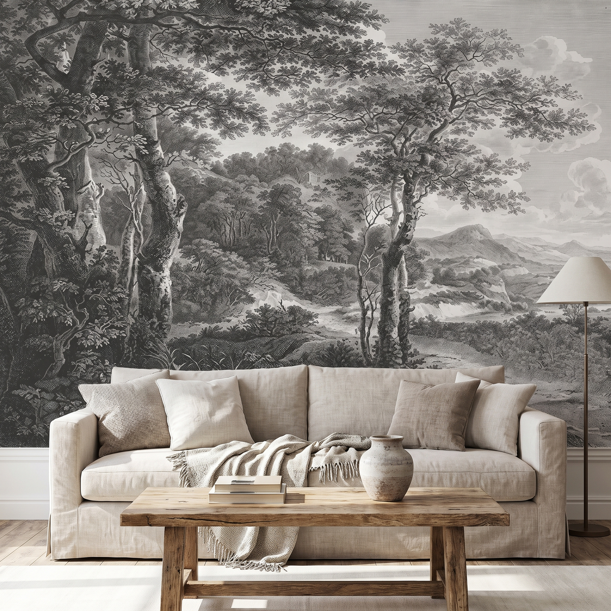 Forêt Classique en Gravure Sépia — Papier Peint Panoramique