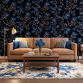 Papier Peint Fleurs Bleu Nuit sur Fond Noir — Botanique Précieux