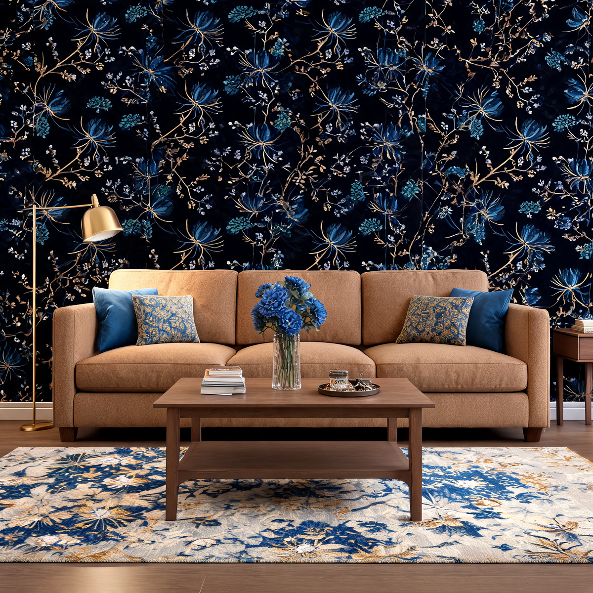 Papier Peint Fleurs Bleu Nuit sur Fond Noir — Botanique Précieux