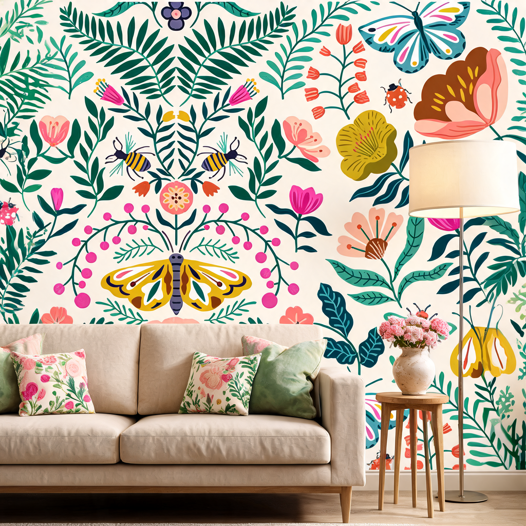 Papier Peint Jardin Folk — Fleurs, Abeilles et Papillons