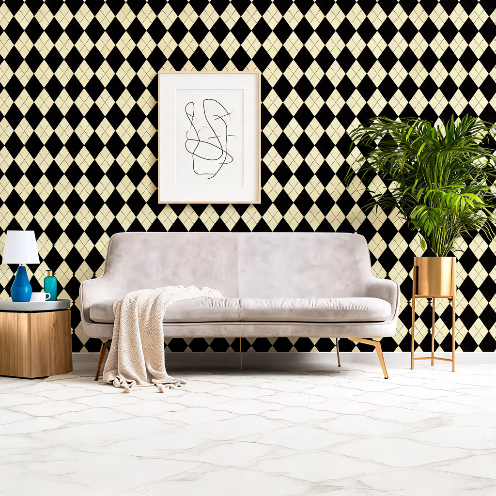 Papier Peint Losanges Noir et Jaune — Style Art Déco