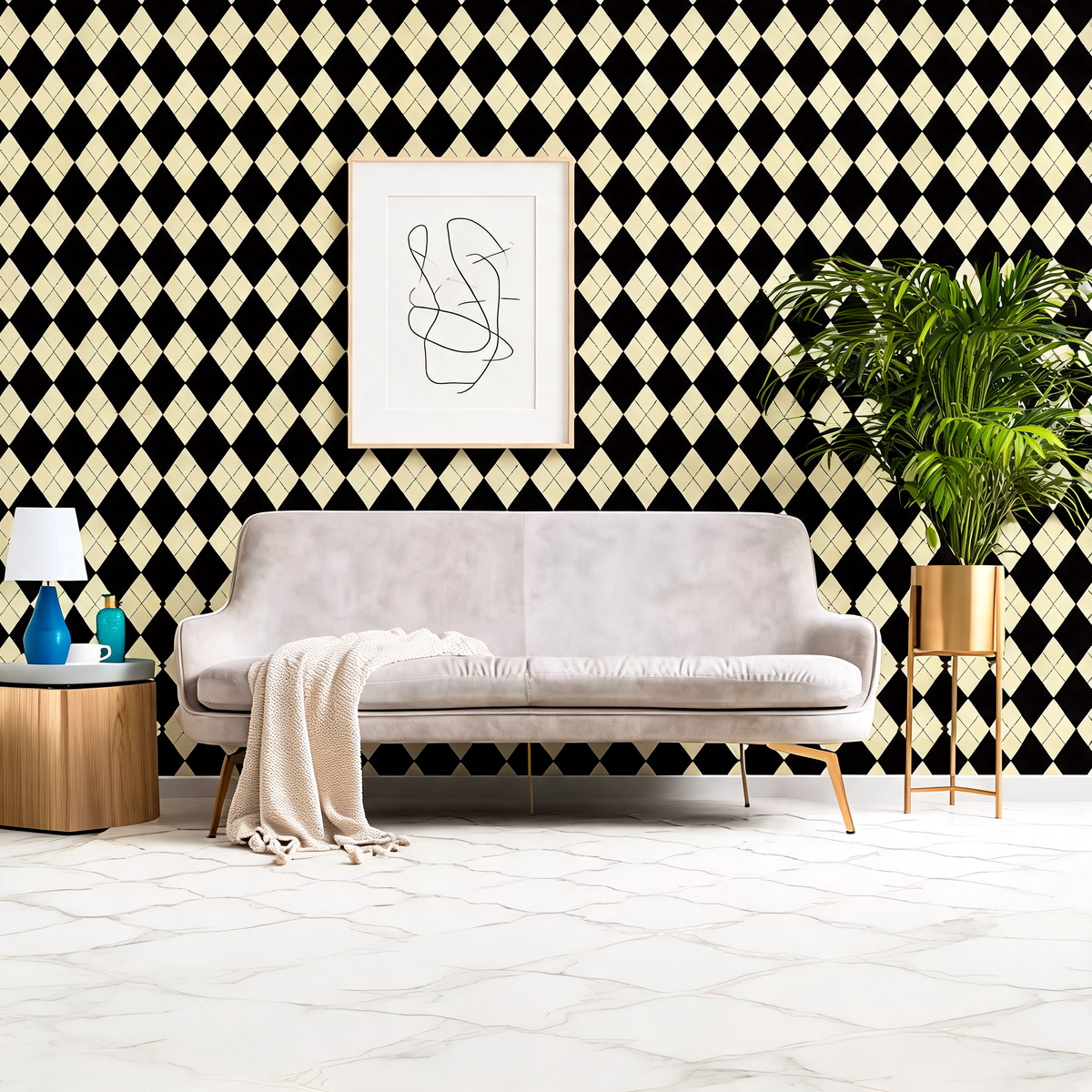 Papier Peint Losanges Noir et Jaune — Style Art Déco