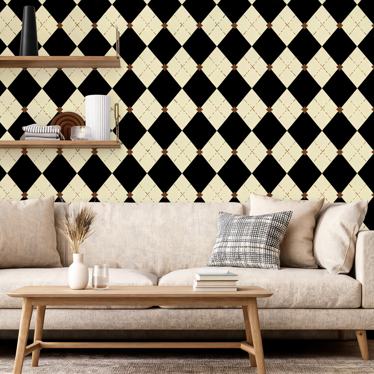 Papier Peint Losanges Noir et Jaune — Style Art Déco