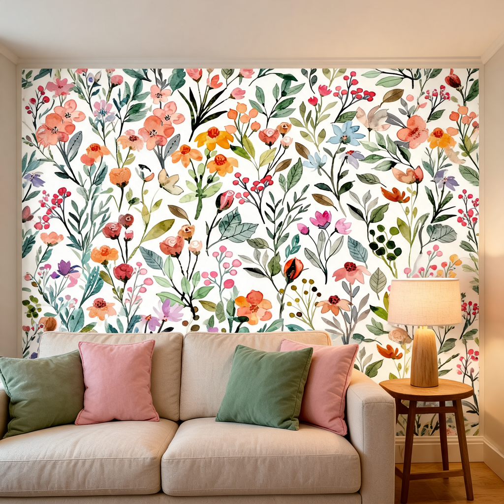 Papier Peint Fleurs Aquarelle Corail — Bouquet Champêtre