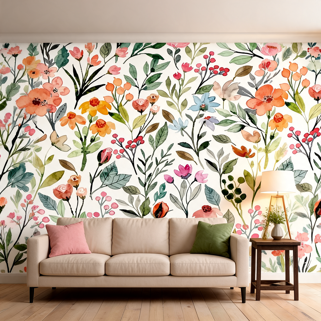 Papier Peint Fleurs Aquarelle Corail — Bouquet Champêtre