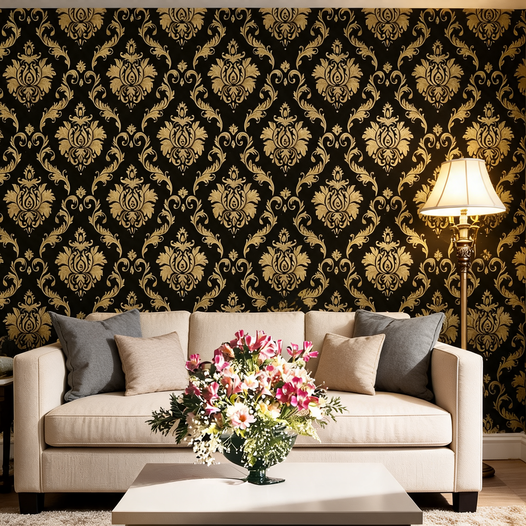 Papier Peint Damassé Noir et Or — Baroque Chic