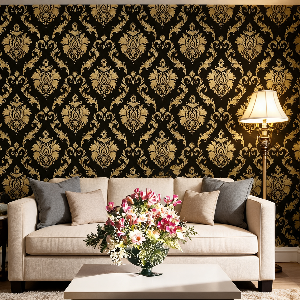 Papier Peint Damassé Noir et Or — Baroque Chic