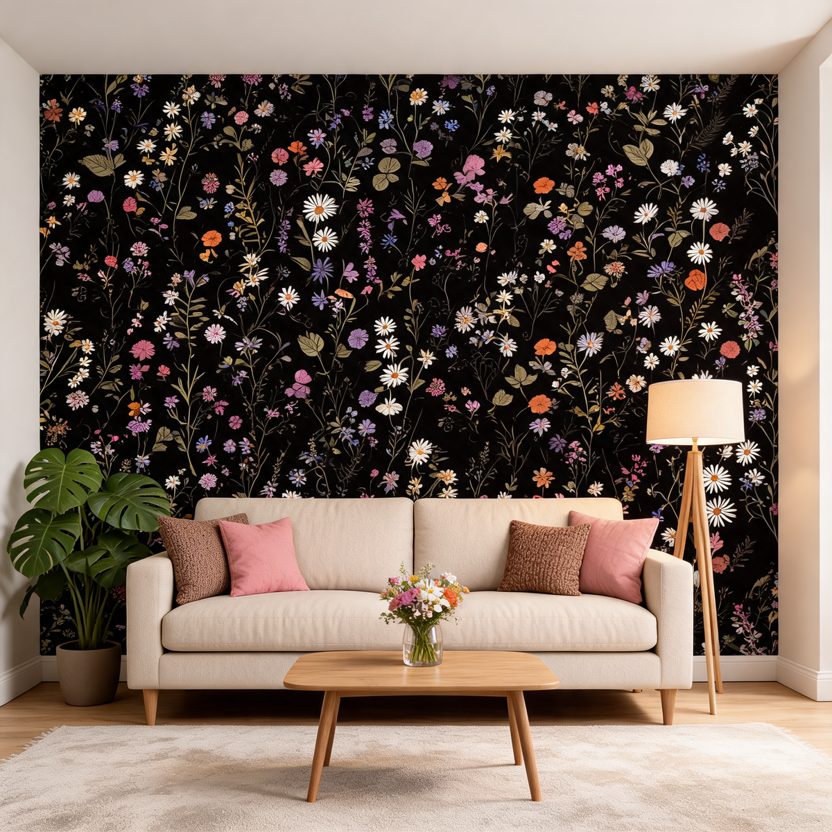 Papier Peint Fleurs des Champs — Fond Crème ou Noir