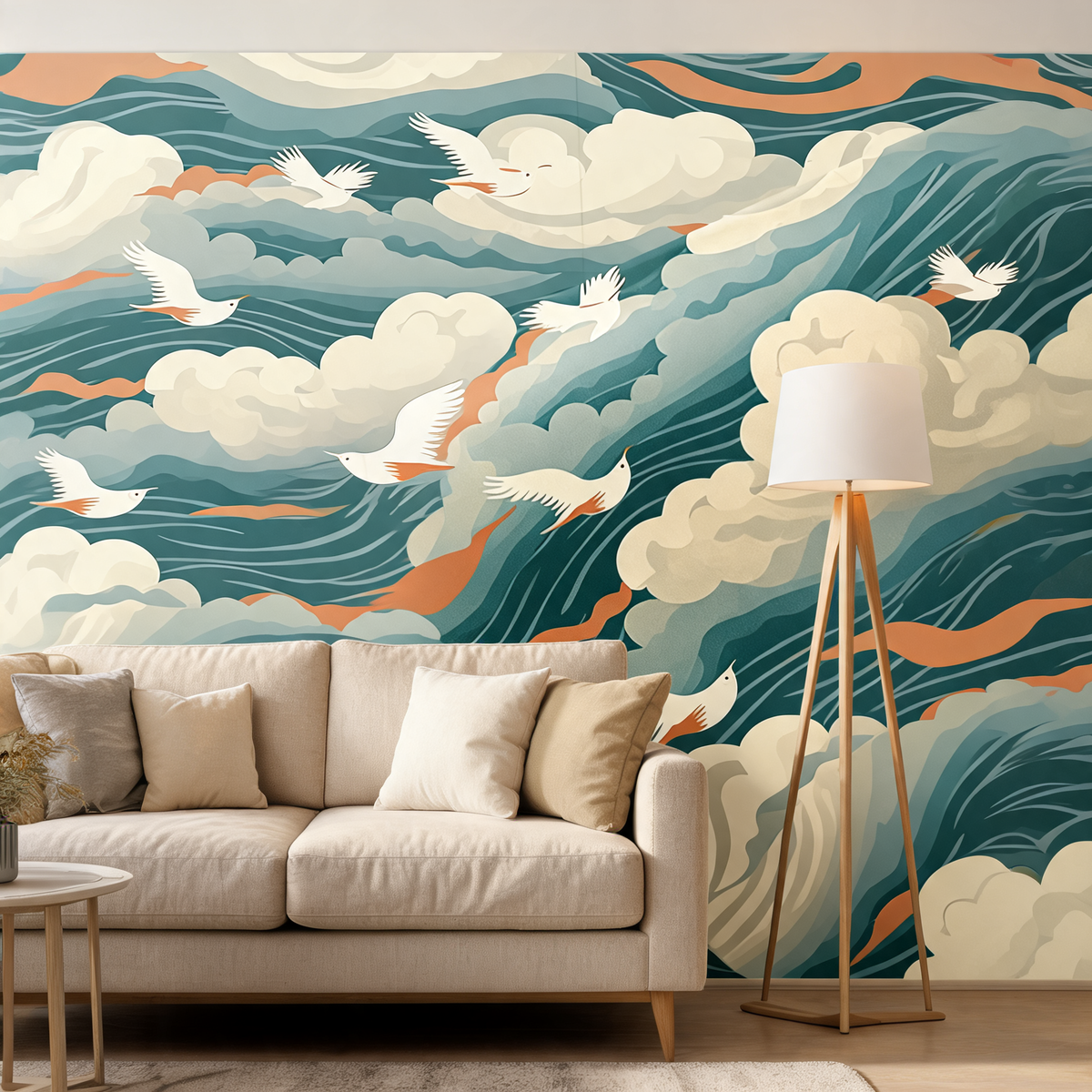 Fresque Vagues Stylisées et Oiseaux — Papier Peint Panoramique