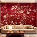 Fresque Fleurs d'Amandier — Fond Rouge style Van Gogh