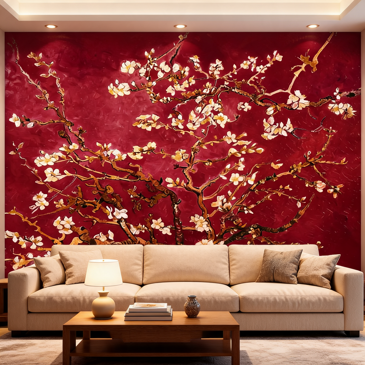 Fresque Fleurs d'Amandier — Fond Rouge style Van Gogh