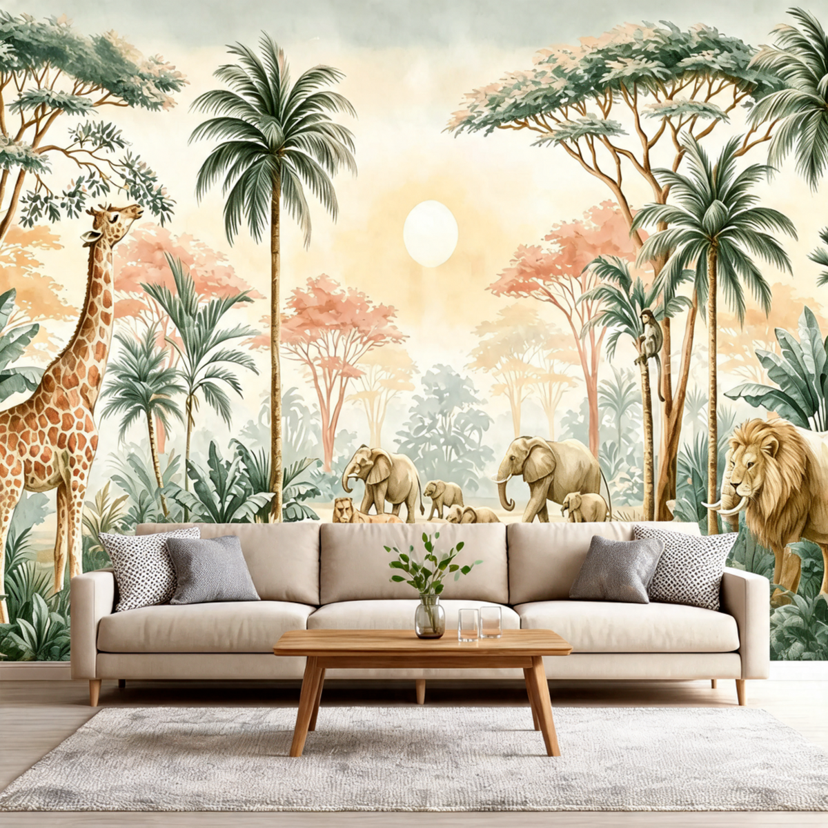 Papier Peint Panoramique Savane Africaine - Girafe, Éléphants et Lion